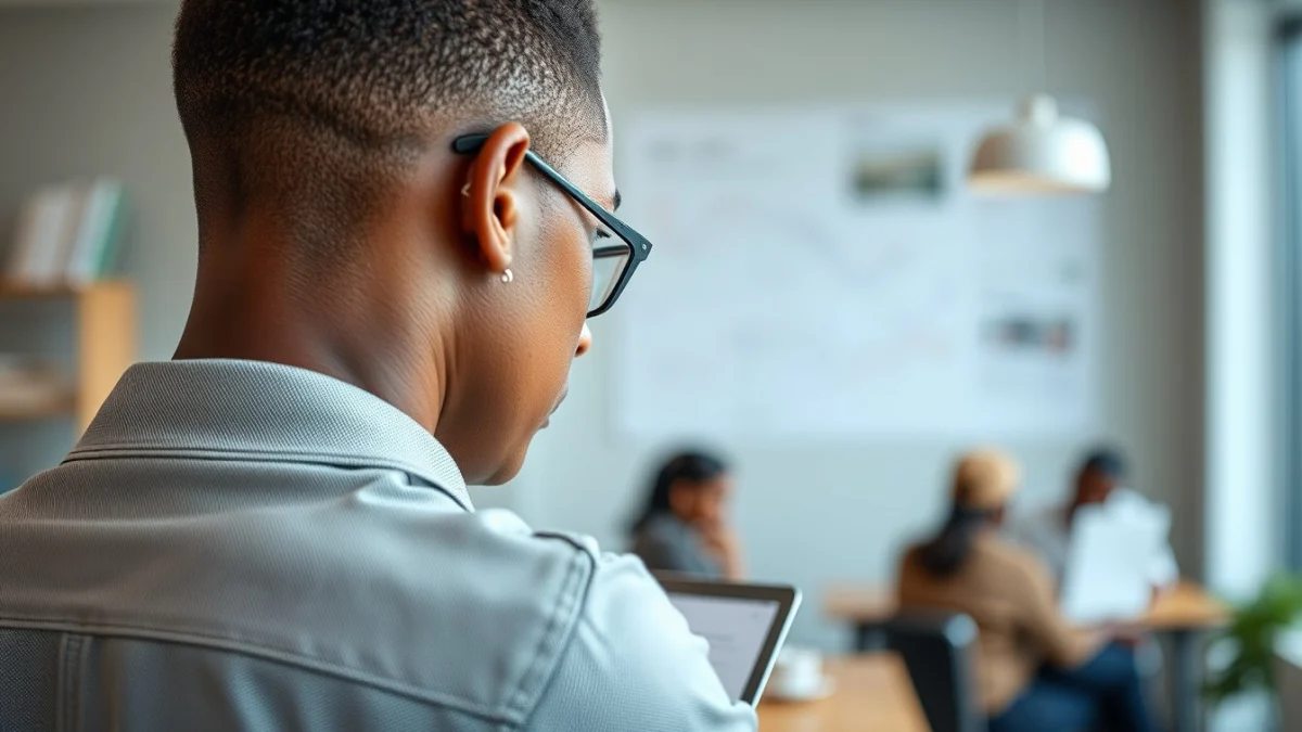 Person learning business skills in a clean modern workspace