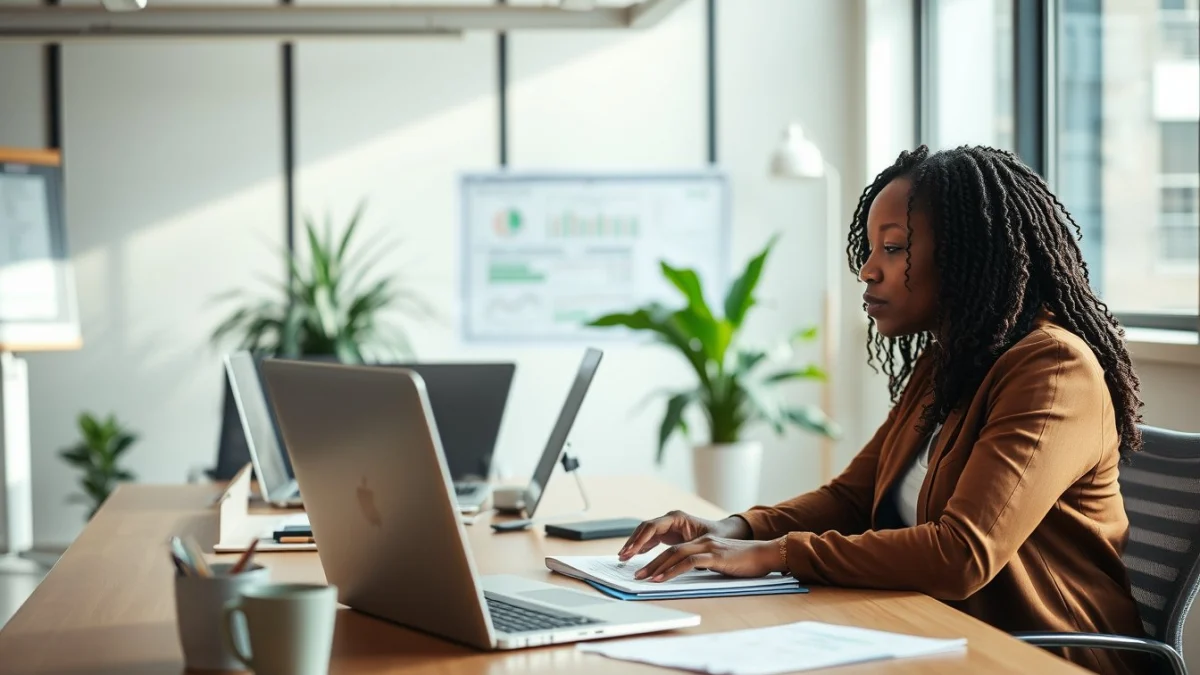 Person learning business skills in a clean modern workspace