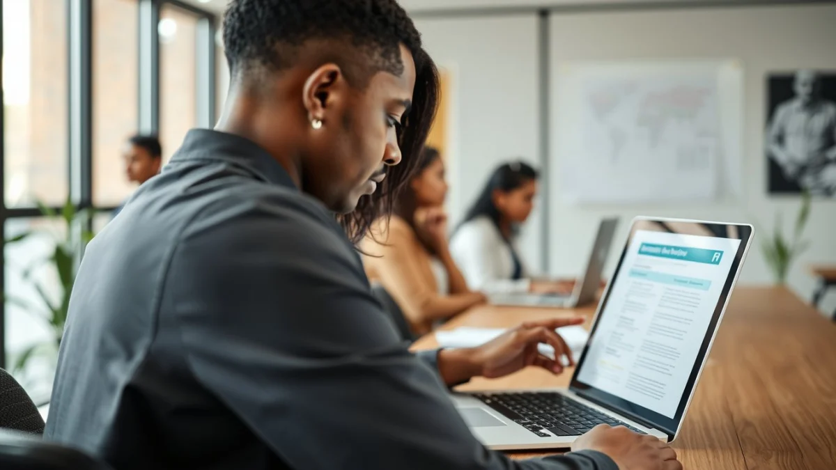 Person learning artificial intelligence skills on a laptop in a modern workspace