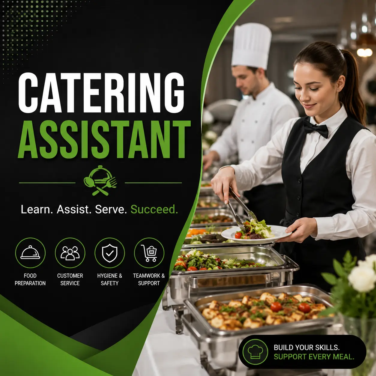 Catering Assistant course cover featuring a catering assistant serving food at a buffet station with a chef in the background on a professional green and black design.