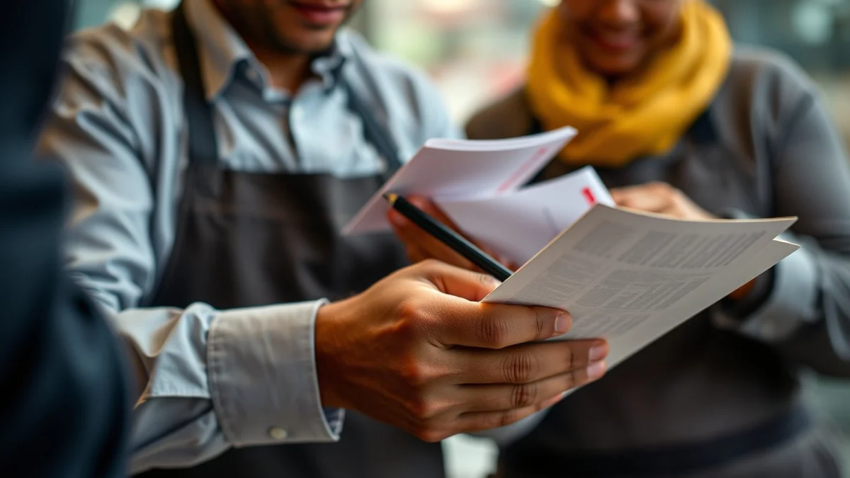 Person learning catering assistant interview questions and answers in a modern educational setting
