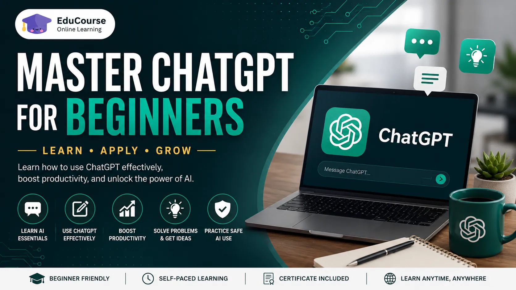ChatGPT for Beginners certificate course banner featuring AI learning, ChatGPT interface on laptop, and online artificial intelligence training through EduCourse 