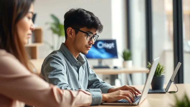 Person learning artificial intelligence skills on a laptop in a modern workspace
