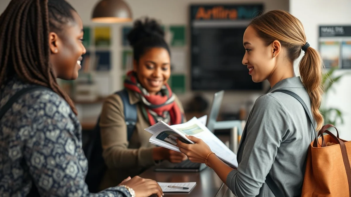 Person learning check-in and check-out processes in a modern educational setting