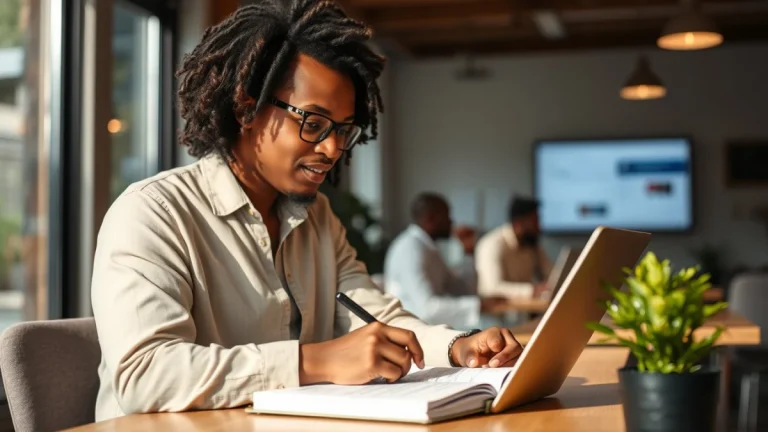 Person learning artificial intelligence skills on a laptop in a modern workspace