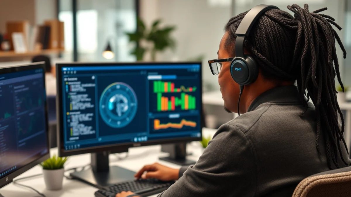 Person learning artificial intelligence skills on a laptop in a modern workspace
