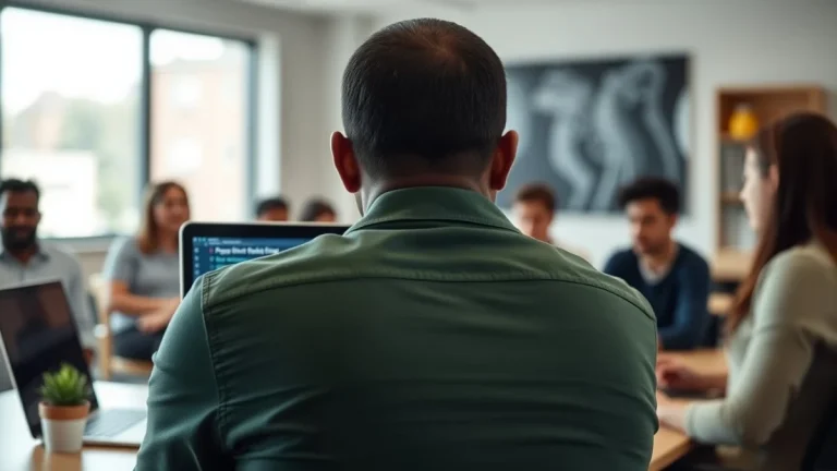 Person learning artificial intelligence skills on a laptop in a modern workspace