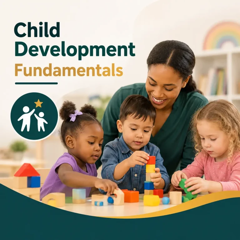 Child Development Fundamentals course cover featuring an early childhood educator supporting young children during a hands-on learning activity with educational building blocks.