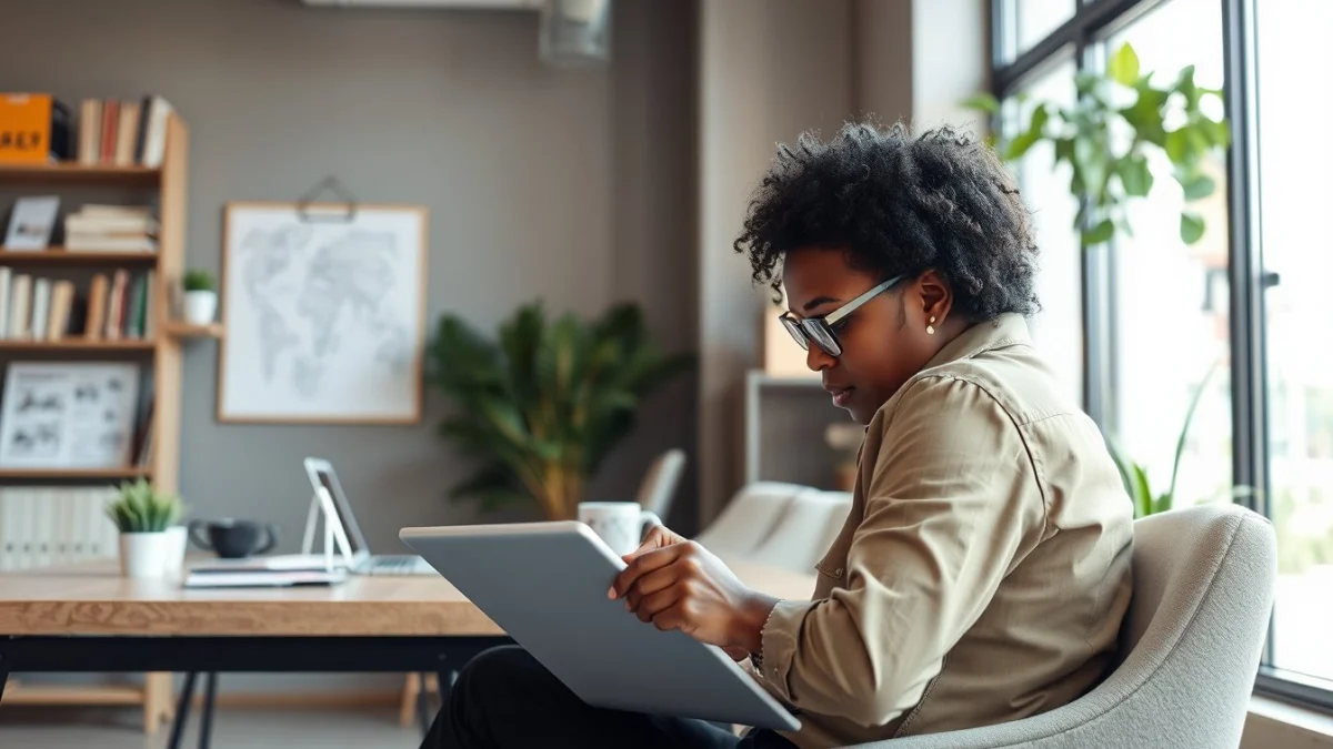 Person learning business skills in a clean modern workspace