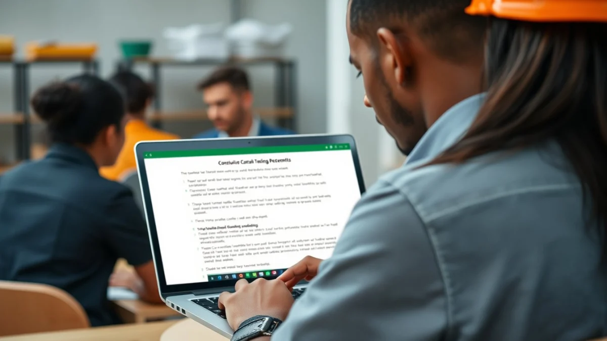 Person learning cidb grading requirements for construction tenders in a modern educational setting