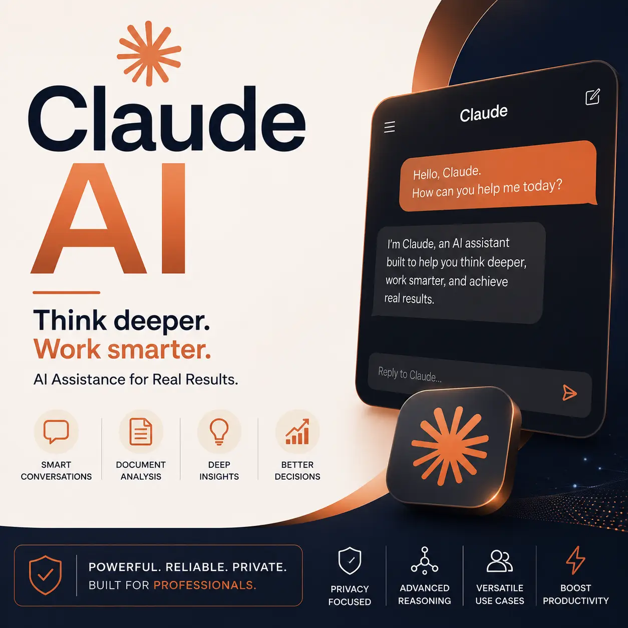 Professional Claude AI certificate course cover featuring a modern AI assistant interface with clean orange and dark navy branding focused on productivity, analysis, and smart business use.