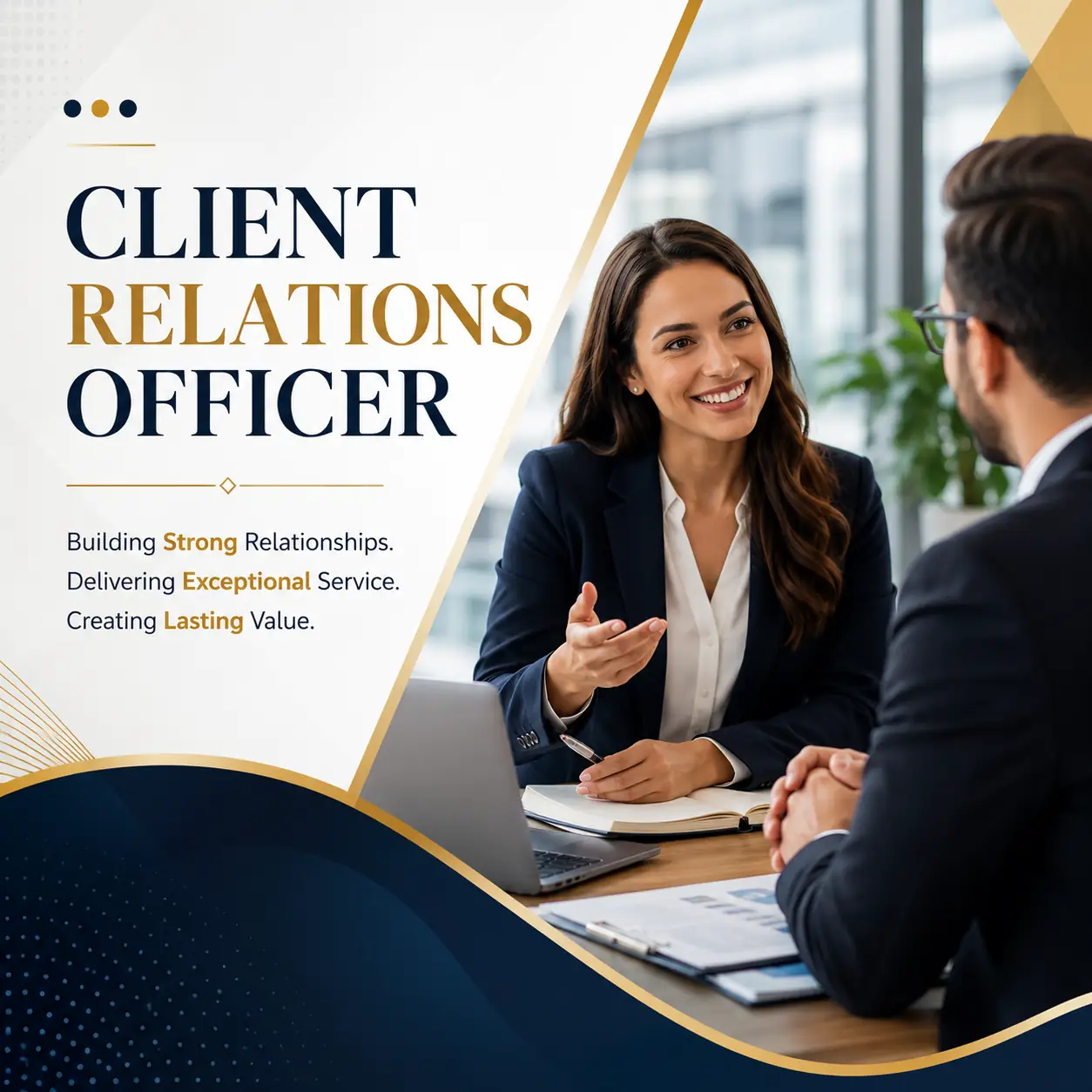 Client Relations Officer course cover featuring a professional business meeting between a client relations specialist and a client in a modern corporate office environment.