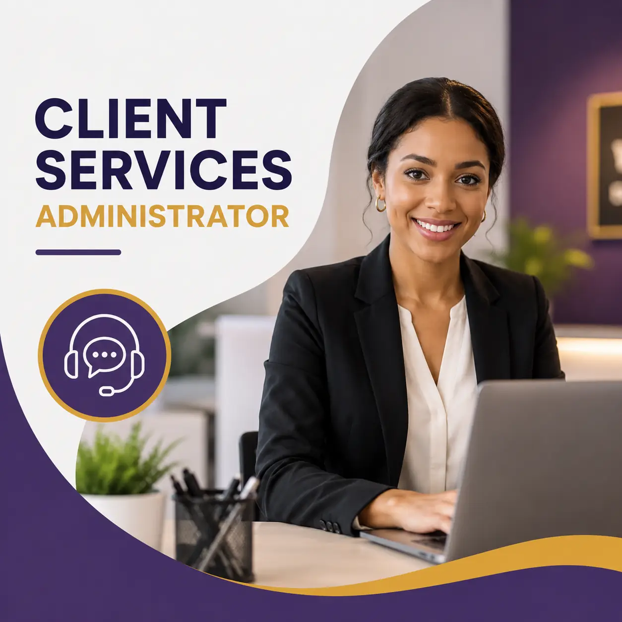 Client Services Administrator course cover featuring a professional client services administrator assisting customers from a modern office workstation.