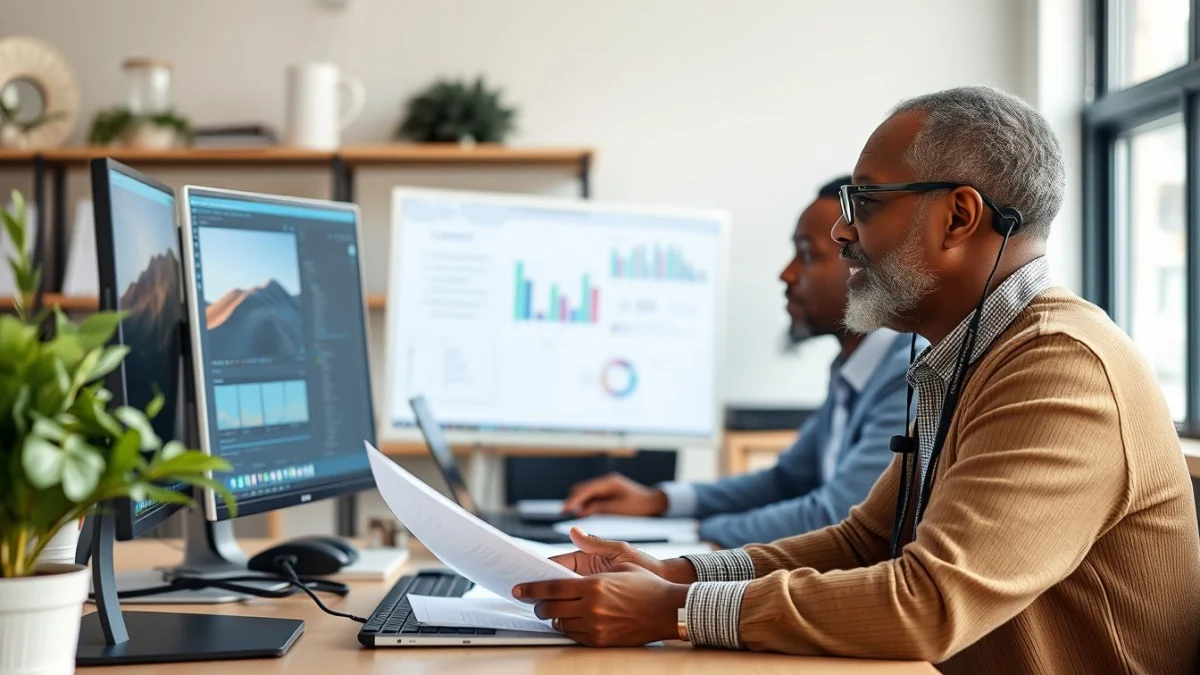 Person learning artificial intelligence skills on a laptop in a modern workspace