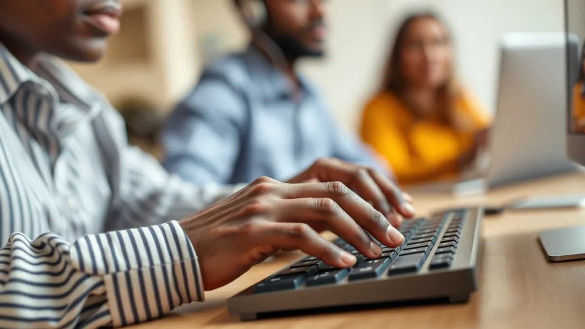 Person learning artificial intelligence skills on a laptop in a modern workspace