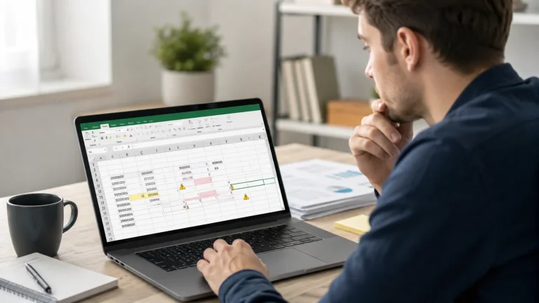 Professional concentrating on an Excel spreadsheet in an office workspace, suitable for an article about common Excel mistakes beginners should avoid.