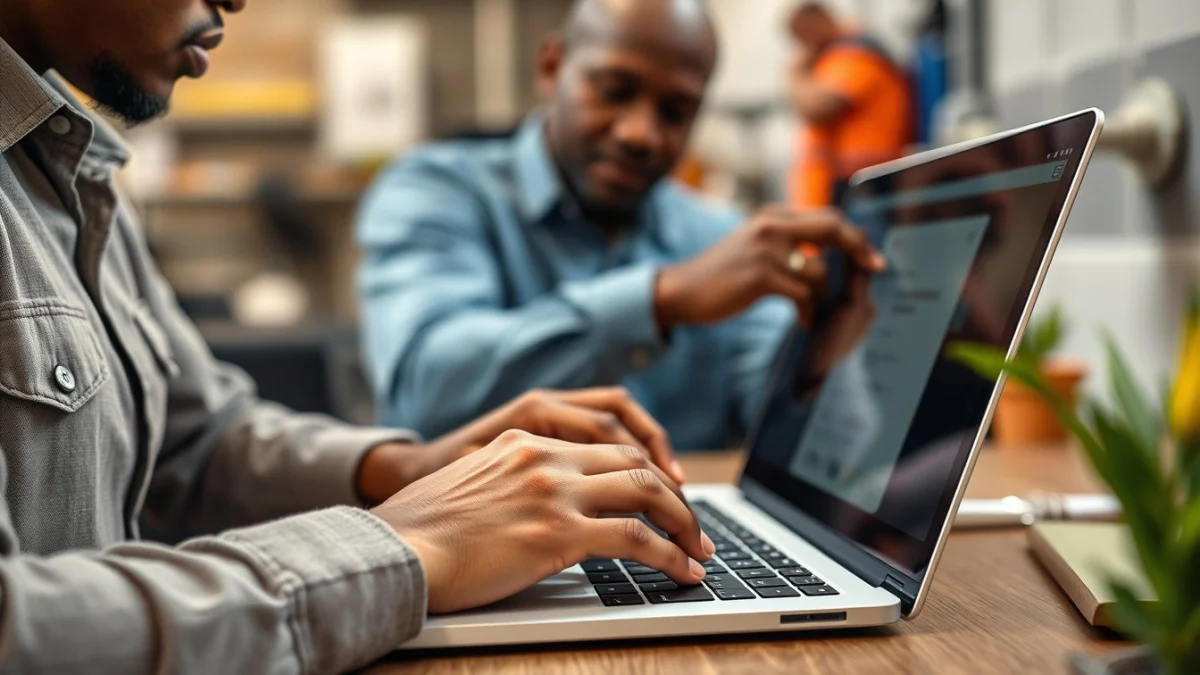 Person learning artificial intelligence skills on a laptop in a modern workspace