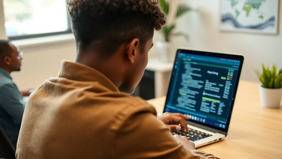 Person learning artificial intelligence skills on a laptop in a modern workspace