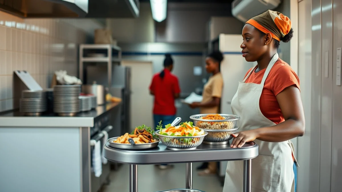 Person learning communicating clearly in a fast-paced kitchen in a modern educational setting