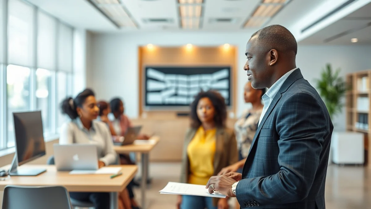 Person learning communicating policies to employees in a modern educational setting