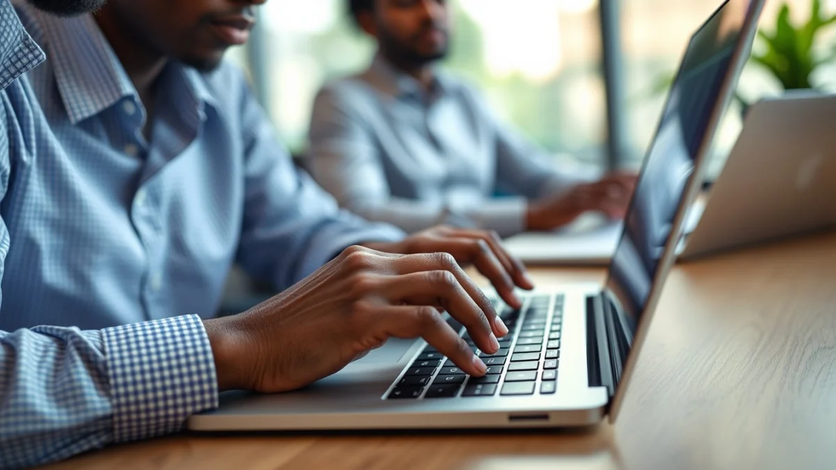 Person learning artificial intelligence skills on a laptop in a modern workspace
