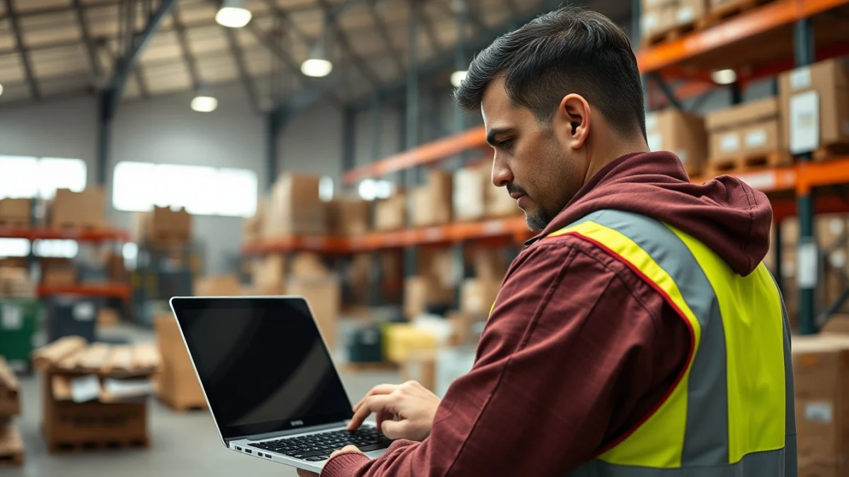 Person learning communication skills for warehouse supervisors in a modern educational setting