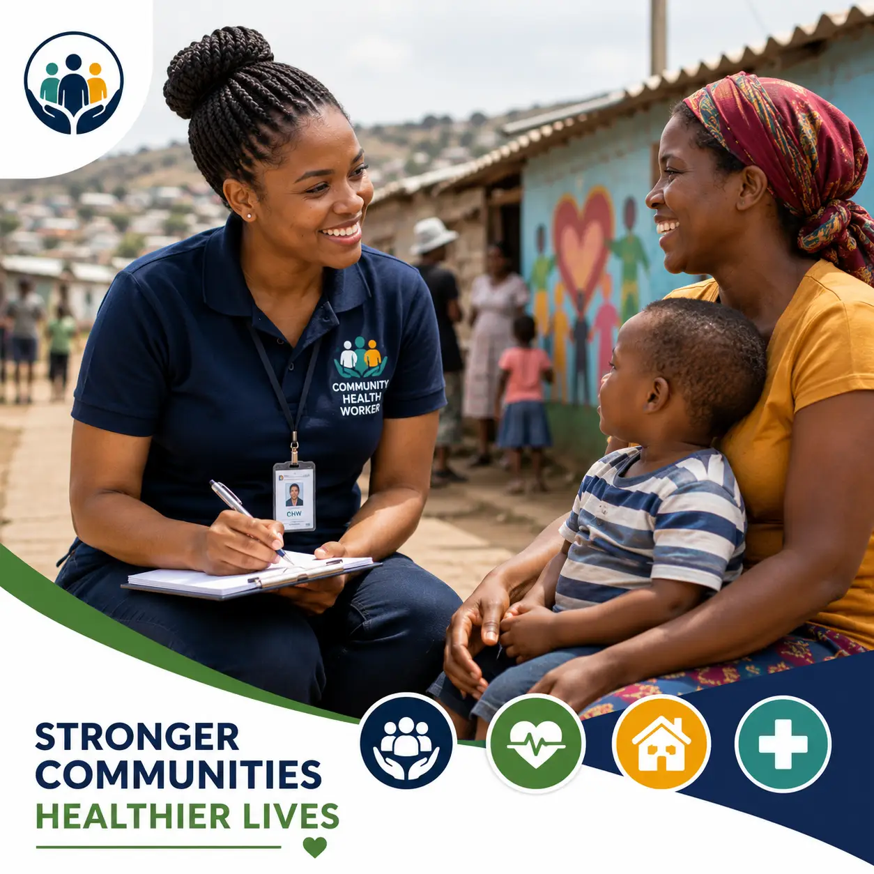 South African community health worker speaking with a mother and child during a community outreach visit.