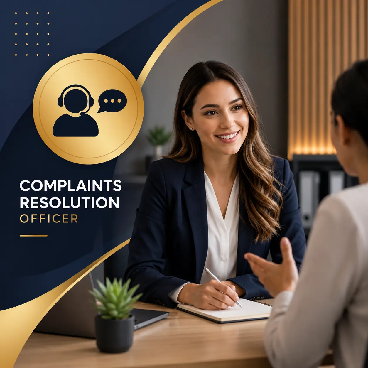 Complaints Resolution Officer course cover featuring a professional customer support specialist meeting with a client in a modern office with a premium navy and gold design.