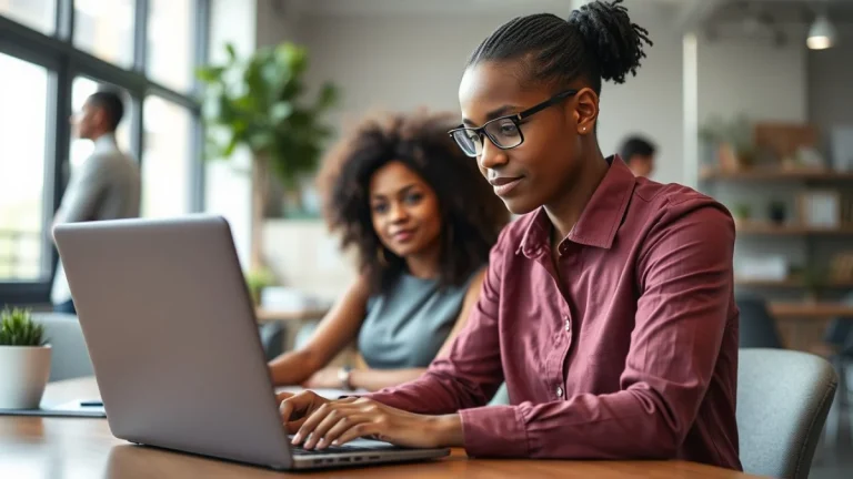 Person learning artificial intelligence skills on a laptop in a modern workspace