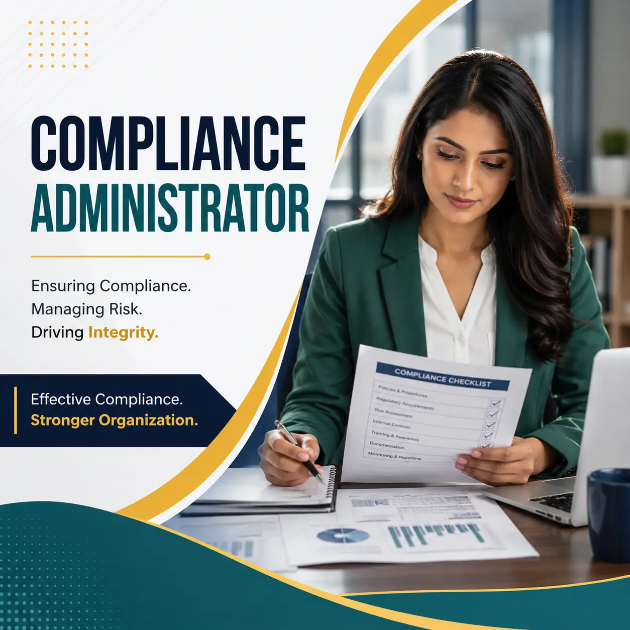 Compliance Administrator course cover featuring a professional compliance specialist reviewing compliance documents and reports in a modern corporate office.