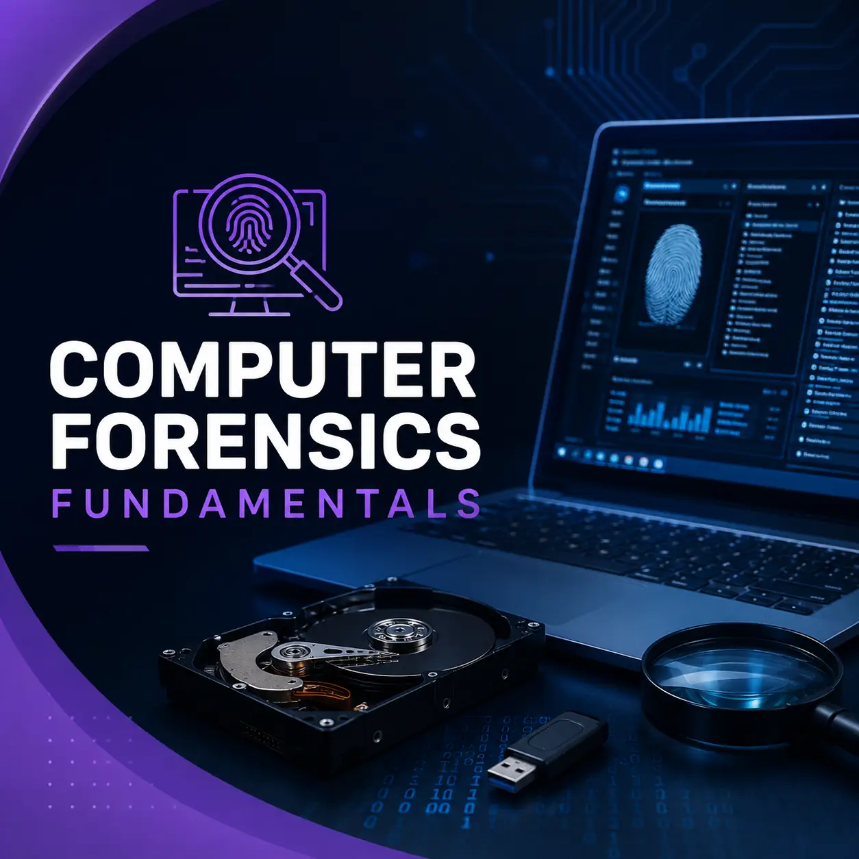 Computer Forensics Fundamentals course cover featuring digital fingerprint analysis, a laptop, hard drive, USB device, and forensic investigation tools.