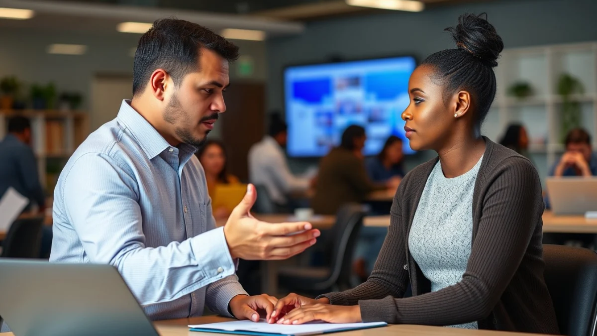 Person learning conducting structured interviews in a modern educational setting
