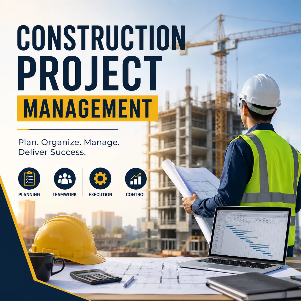 Professional construction project management course cover showing a construction manager reviewing building plans at a construction site with cranes and project scheduling tools.