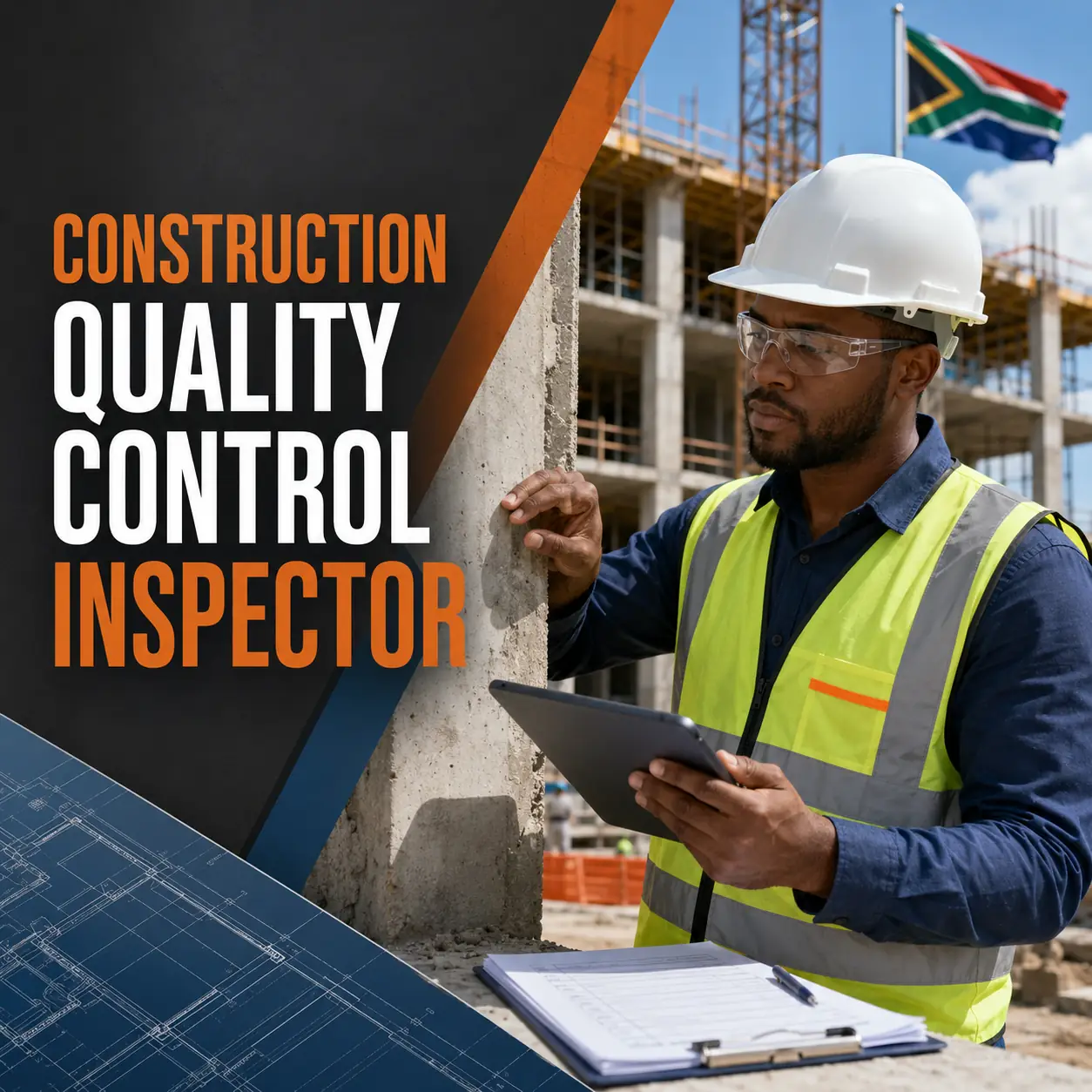 Construction Quality Control Inspector course cover featuring a professional inspector examining concrete work at a South African construction site.