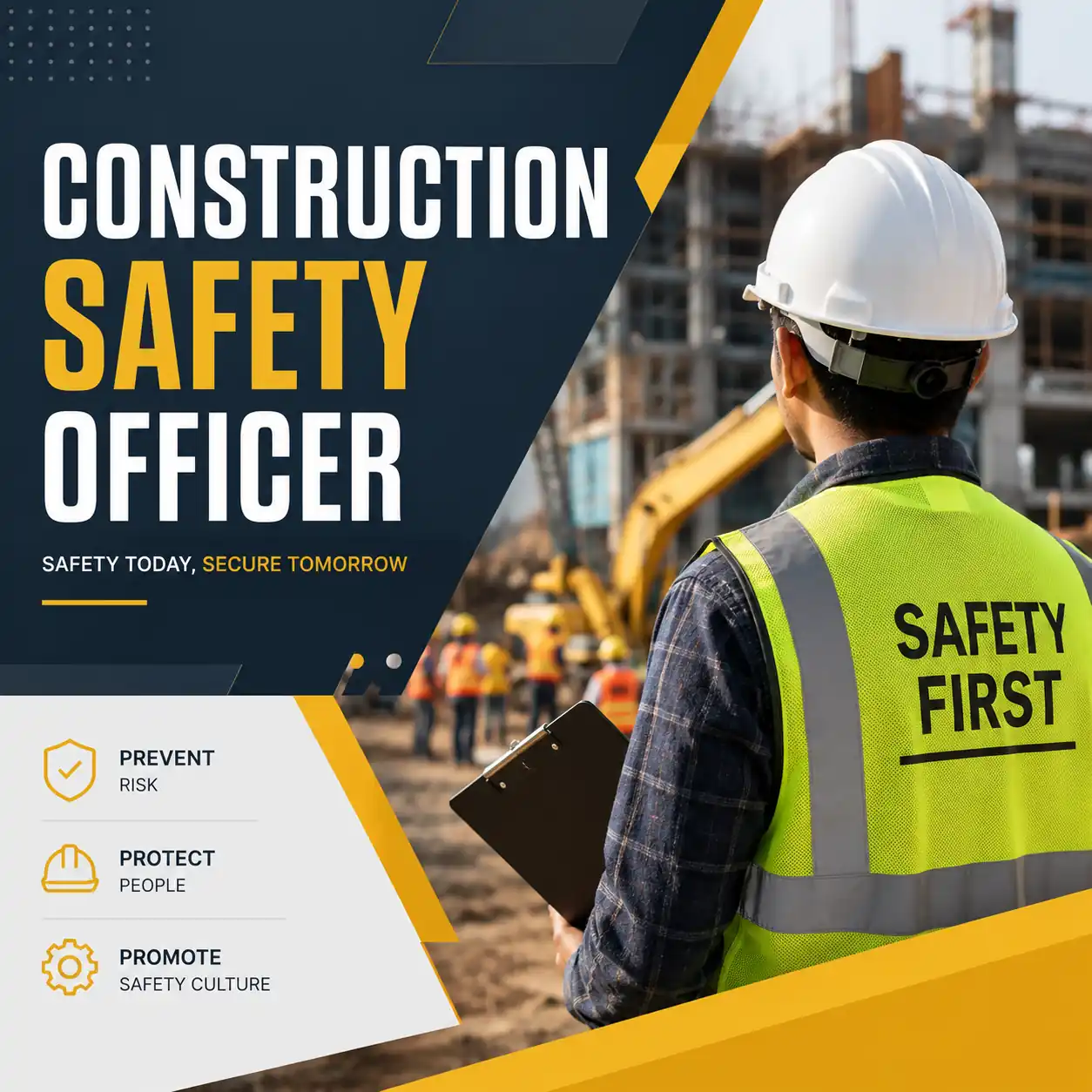 Construction Safety Officer course cover showing a safety officer wearing a hard hat and high-visibility vest overseeing activities on a construction site.