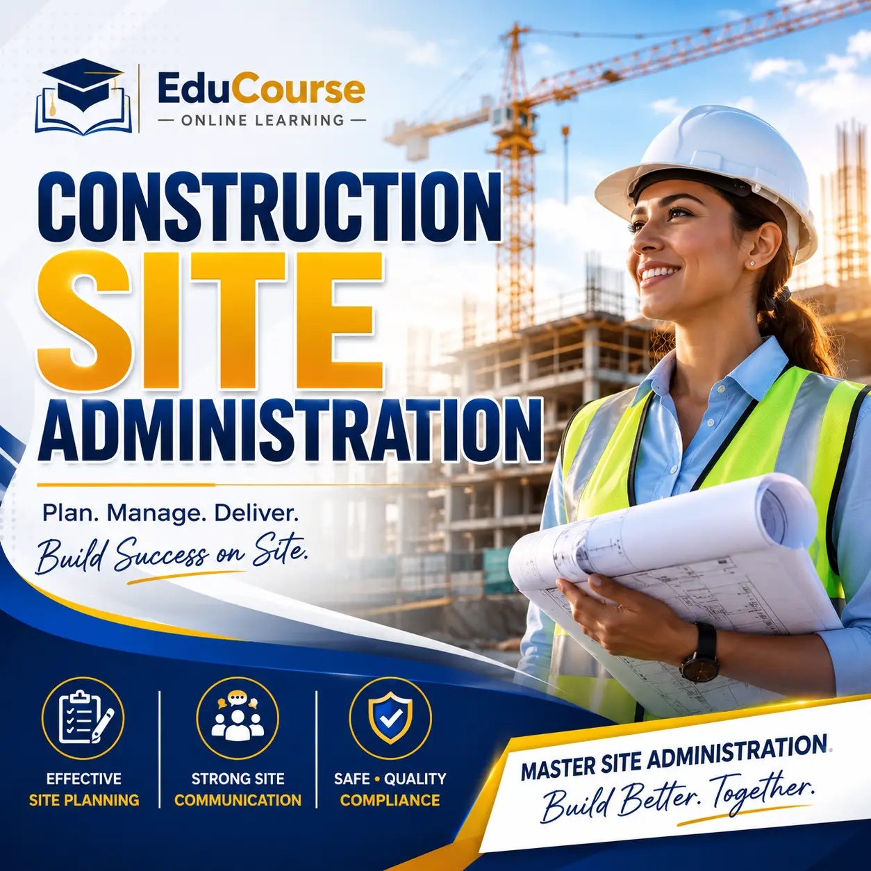 Construction Site Administration course cover featuring a construction professional holding building plans on an active construction site.