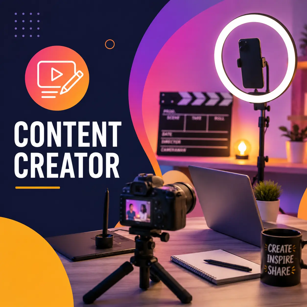 Content Creator course cover featuring a modern content creation studio with a camera, ring light, laptop, smartphone, and creative workspace in vibrant purple and orange tones.