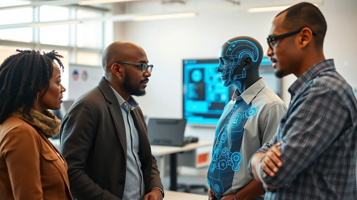 Person learning artificial intelligence skills on a laptop in a modern workspace