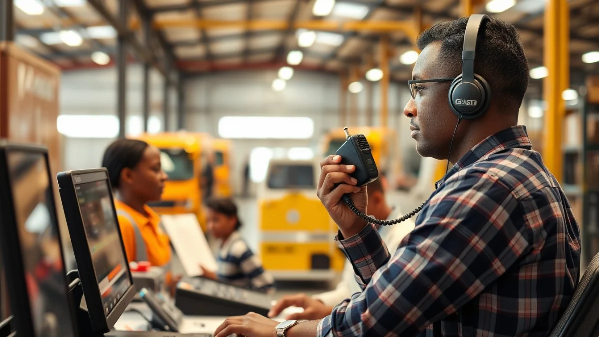 Person learning coordinating with drivers and carriers in a modern educational setting