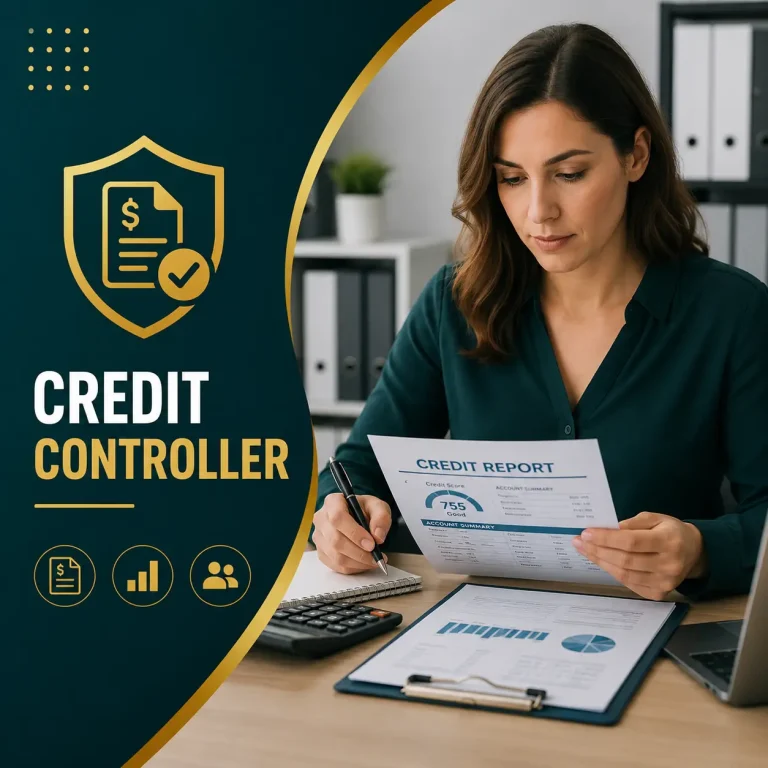 Credit Controller course cover featuring a finance professional reviewing a credit report with financial documents, calculator, and premium credit management icons on a teal and gold background.