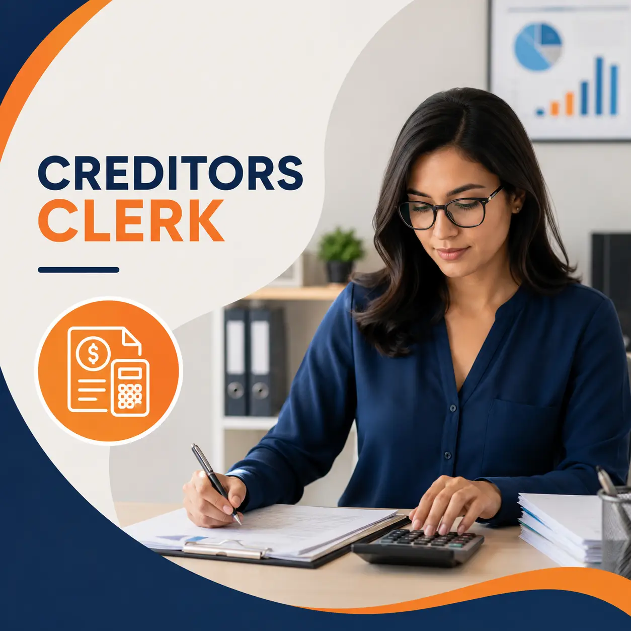 Creditors Clerk course cover featuring a finance professional reviewing invoices and processing supplier payments with a calculator in a modern office.