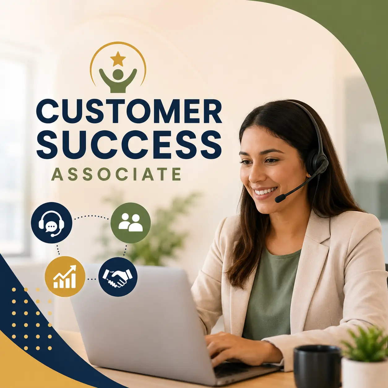 Customer Success Associate course cover featuring a customer service professional using a headset and laptop with customer support and growth icons.