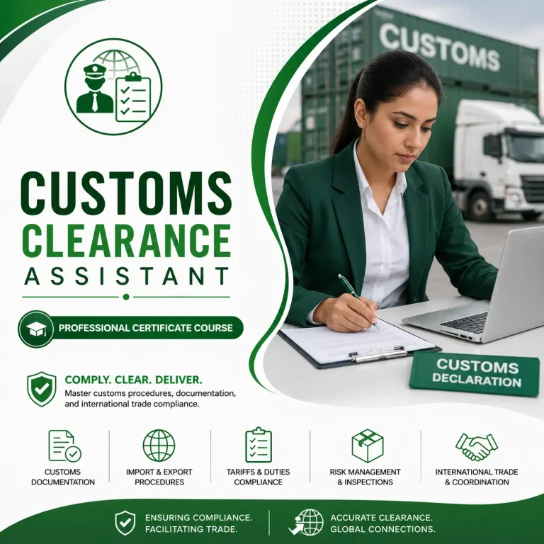 Green and white Customs Clearance Assistant course cover featuring a customs professional completing import and export documentation at a logistics terminal.