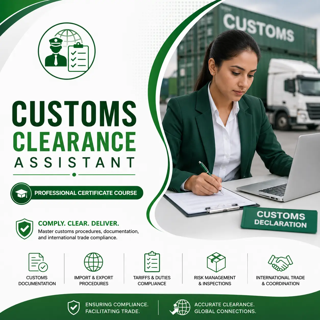 Green and white Customs Clearance Assistant course cover featuring a customs professional completing import and export documentation at a logistics terminal.