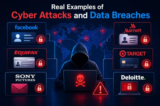 Illustration of a hooded hacker with a laptop surrounded by global cyber attack indicators and data breach icons affecting major organizations. 