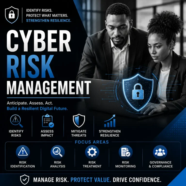 Cyber Risk Management course cover featuring black and white business professionals, blue cybersecurity graphics, and a digital security shield.