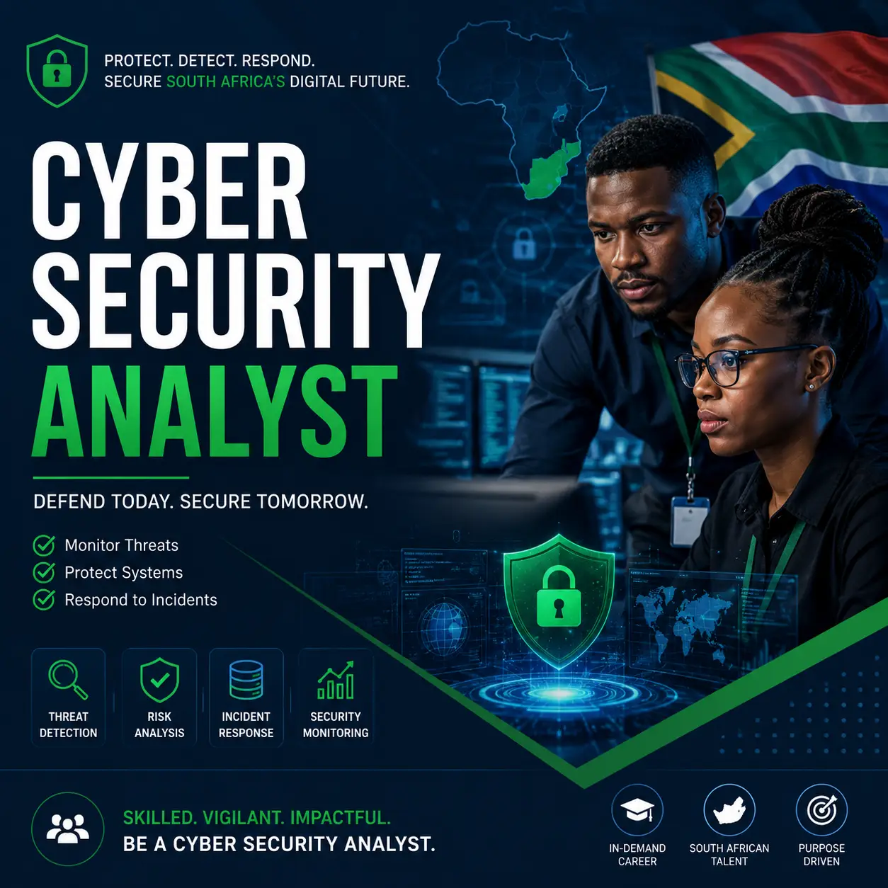 Cyber Security Analyst course cover featuring South African cybersecurity professionals working at security monitoring stations with blue and green digital security graphics.
