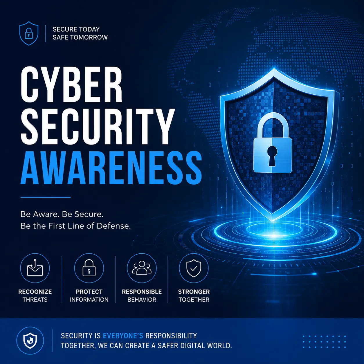 Cyber Security Awareness certificate template featuring a teal geometric design, EduCourse branding, course modules list, and signature section.
