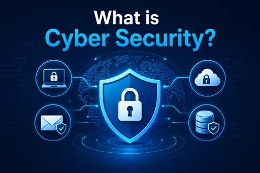 Modern illustration of a digital shield with a padlock representing cyber security protection across devices and data systems. 