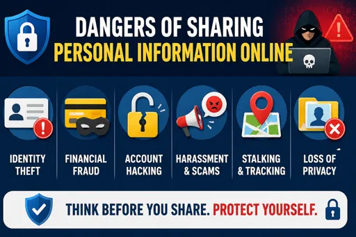 Infographic showing risks of sharing personal information online like identity theft, fraud, and privacy loss. 